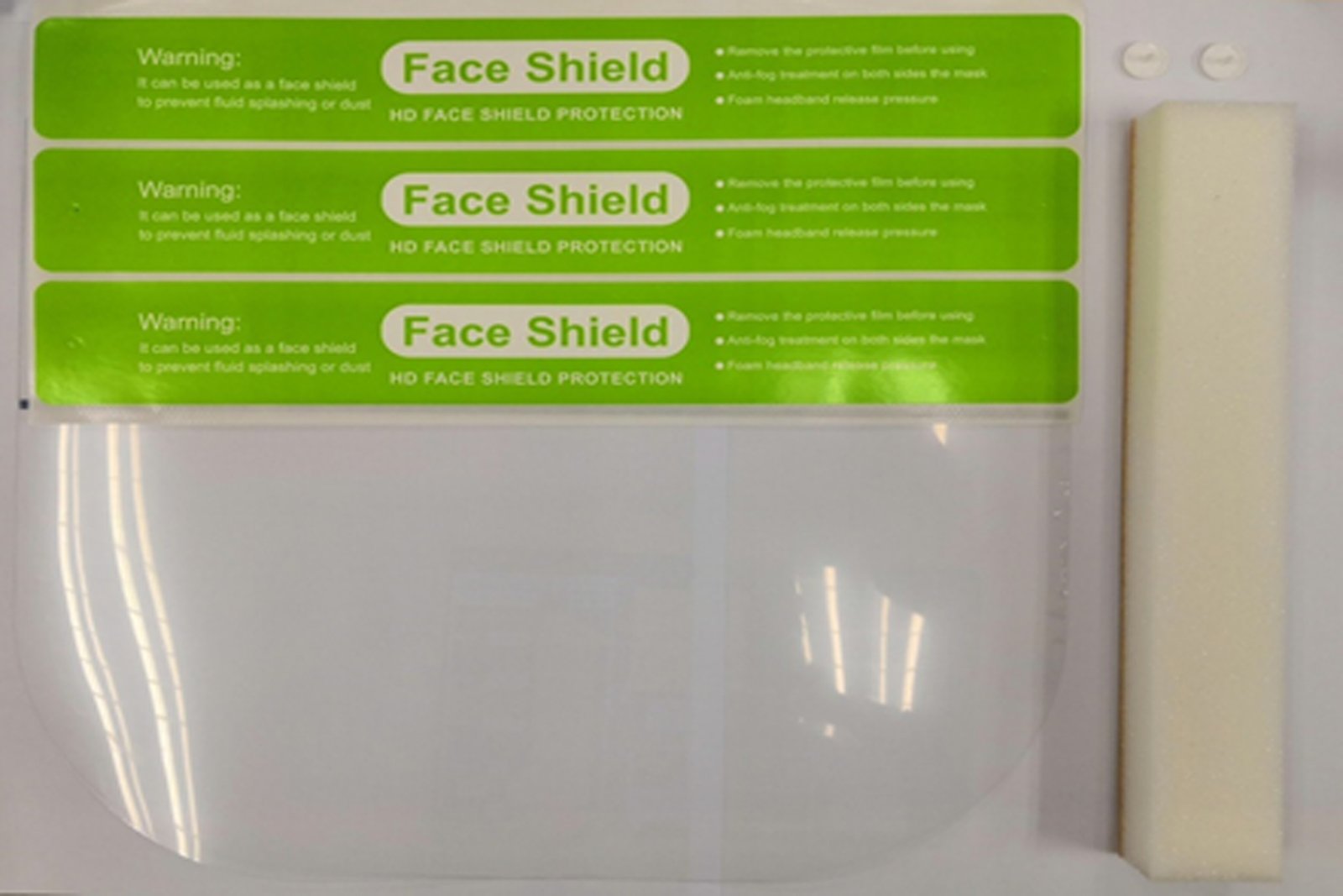 Face shield before assembled(various parts such as foam, clips,label ,PC and etc)